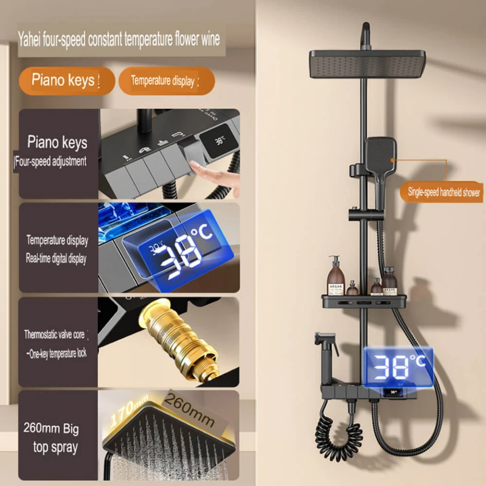 Smart Digital Thermostatic Shower Set – Enhanced Pressure Copper Black Shower Head for Home