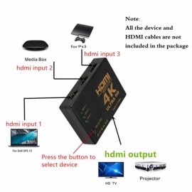 HDMI Switch 4K Switcher 3 in 1 out HD 1080P Video Cable Splitter 1x3 Hub Adapter Converter for PS4/3 TV Box HDTV PC (Black)