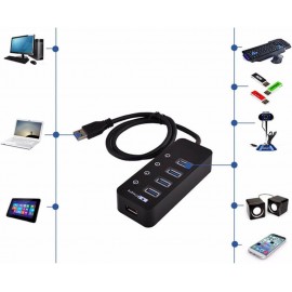 XBOSS i4 USB Splitter for Laptop PC 5 Ports USB 3.0 Hub High Speed 5Gbps 66 Sm Cable with Individual On/Off Switches (Black)