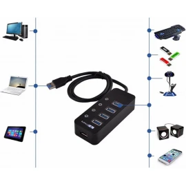 XBOSS i4 USB Splitter for Laptop PC 5 Ports USB 3.0 Hub High Speed 5Gbps 66 Sm Cable with Individual On/Off Switches (Black)